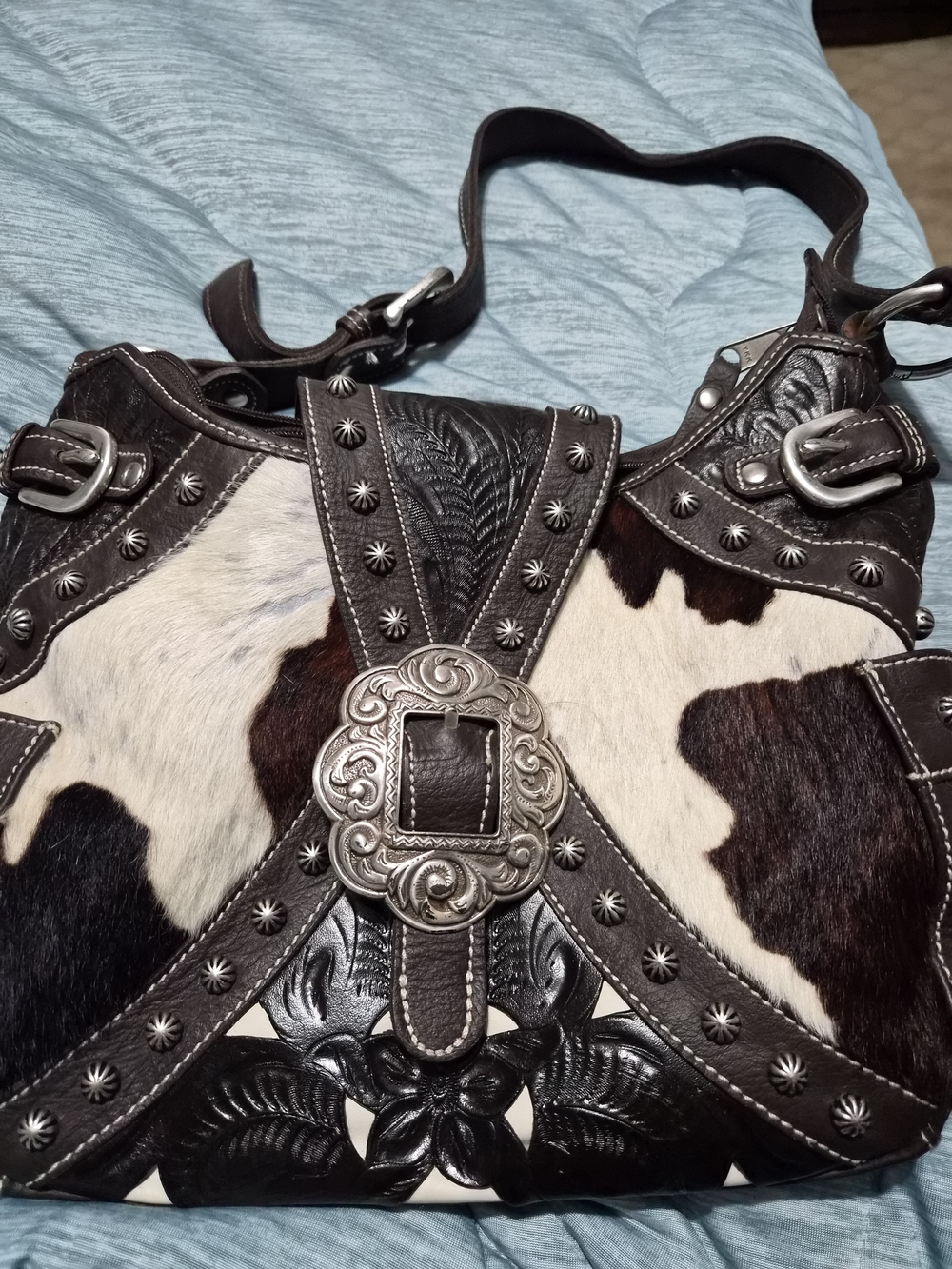 Vintage American West Hand Tooled Leather Cowhide Purse Studded Y2K Western Bag